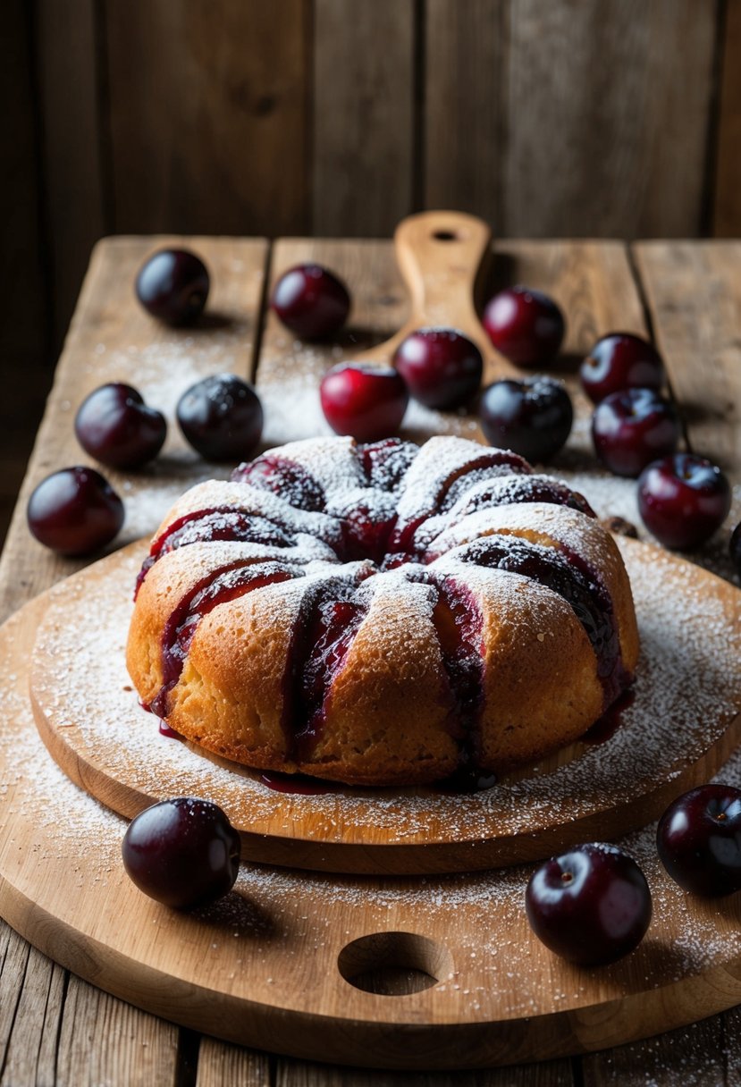 A rustic kitchen table with a freshly baked plum upside-down cake resting on a wooden cutting board, surrounded by scattered plum halves and a dusting of powdered sugar