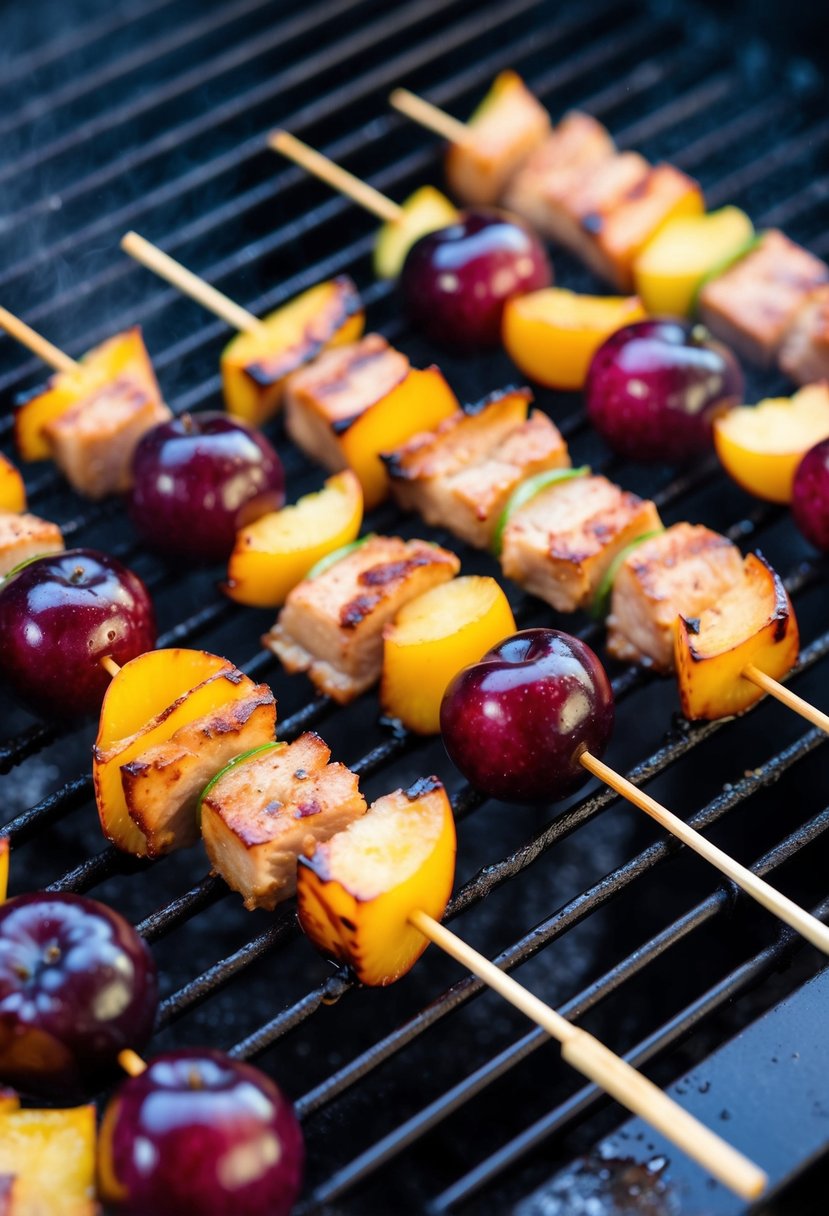 Plum and pork skewers sizzling on a hot grill, with the juicy plums and savory pork arranged in a colorful and appetizing pattern