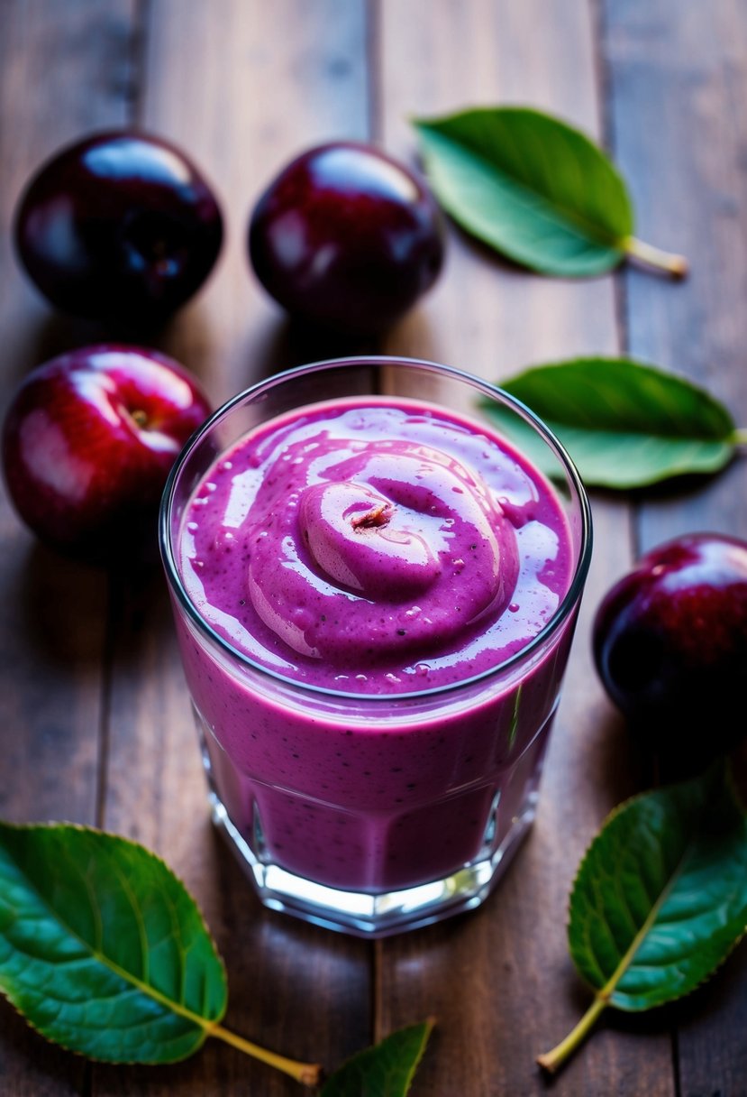 A glass filled with a vibrant purple plum smoothie surrounded by fresh plums and a scattering of plum leaves