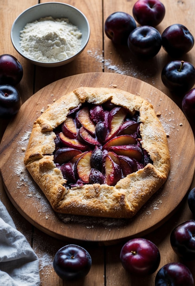 A rustic plum galette on a wooden table, surrounded by fresh plums and a scattering of flour