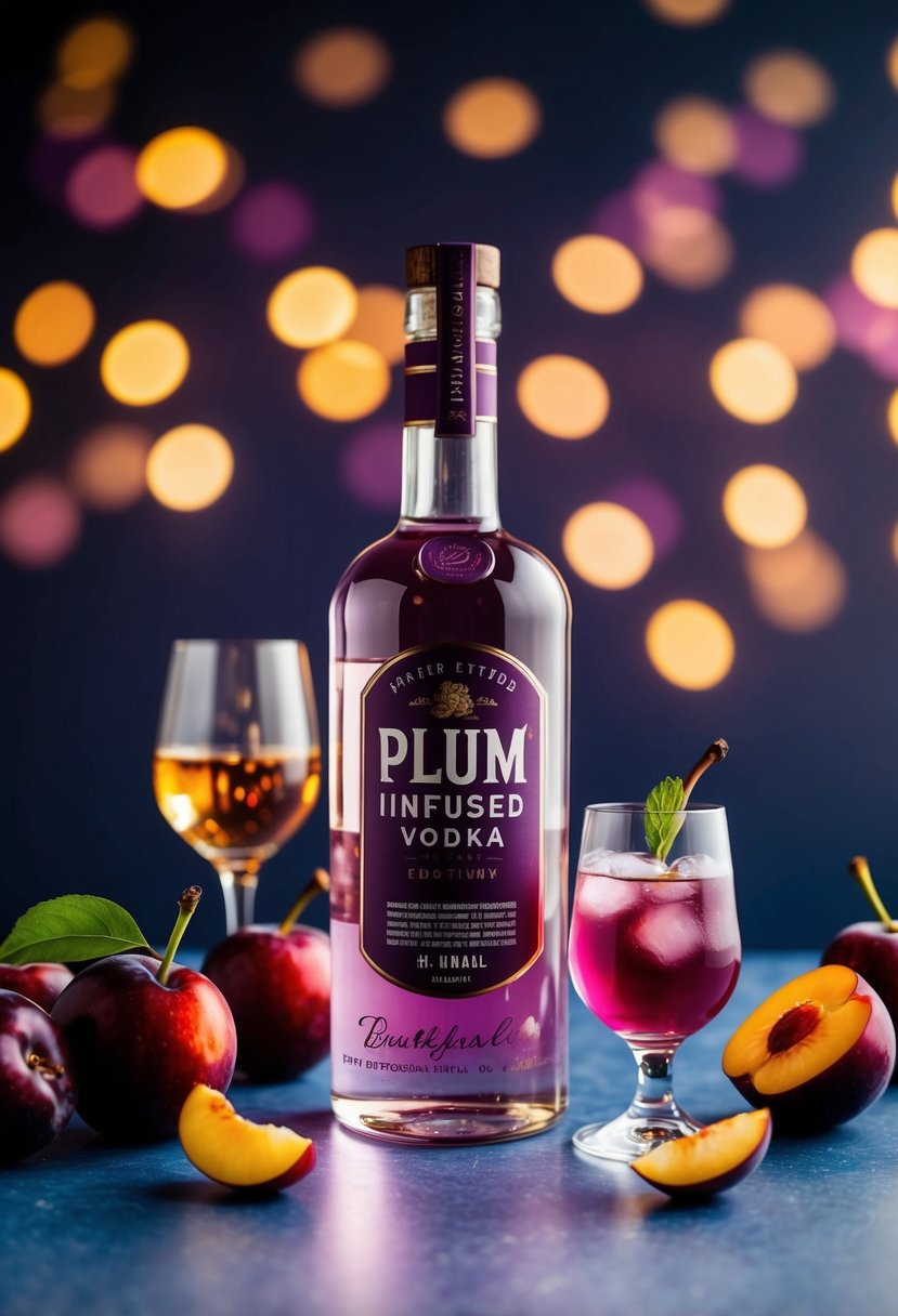 A bottle of plum-infused vodka surrounded by fresh plums and a cocktail glass