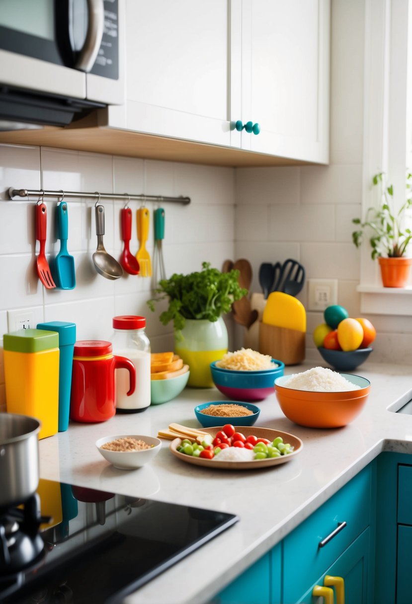 A colorful kitchen counter with simple ingredients and utensils for making kid-friendly recipes