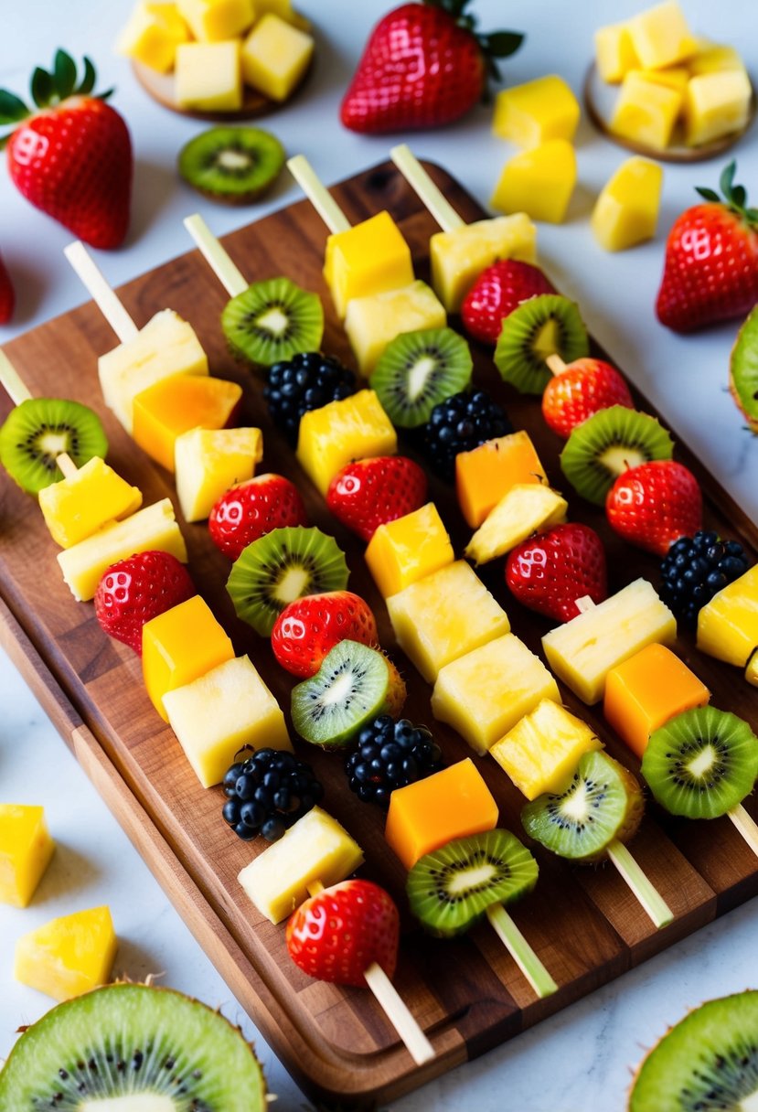 A colorful array of fruit skewers arranged on a wooden cutting board, surrounded by vibrant strawberries, kiwi slices, pineapple chunks, and melon balls