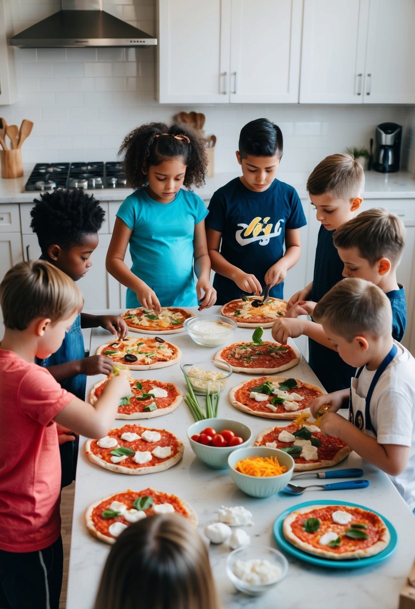 A group of children are gathered around a kitchen counter, each assembling their own mini pizzas with various toppings. Ingredients and utensils are neatly arranged nearby