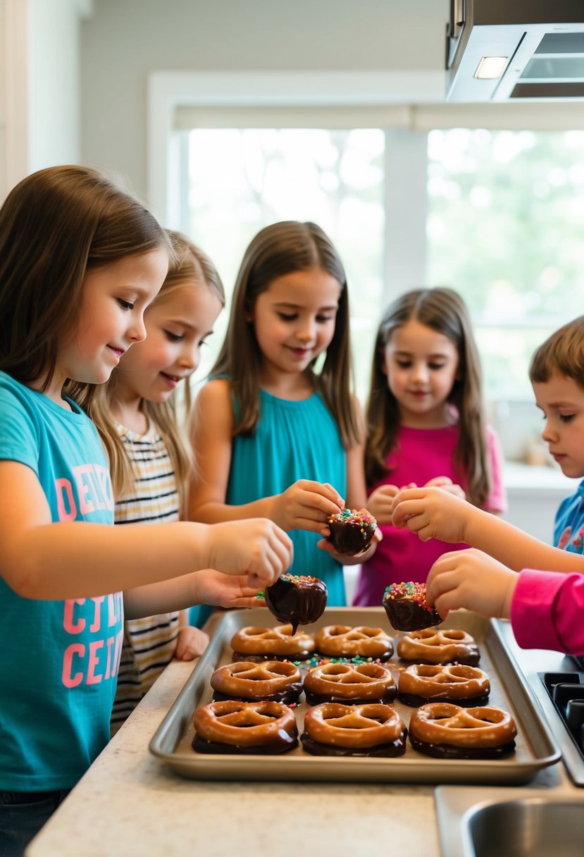 A group of kids in a kitchen, dipping pretzels into melted chocolate and sprinkling them with colorful toppings