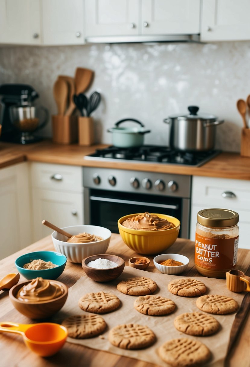 A child-friendly kitchen with ingredients and utensils laid out for making peanut butter cookies