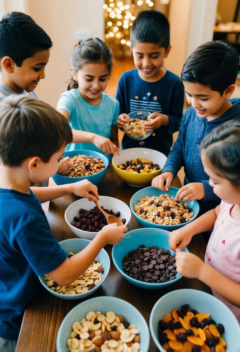 A group of children gather around a table filled with bowls of nuts, dried fruit, and chocolate chips. They are happily mixing the ingredients together to create their own trail mix