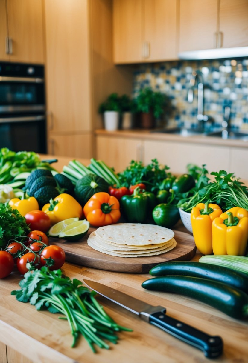 A colorful array of fresh vegetables, cutting board, knife, and tortillas laid out on a kitchen counter