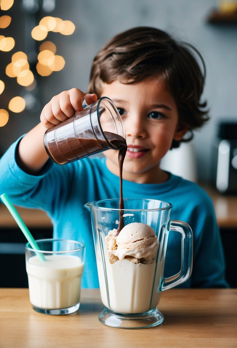 A child pours chocolate syrup into a blender filled with milk and ice cream, ready to make a delicious chocolate milkshake