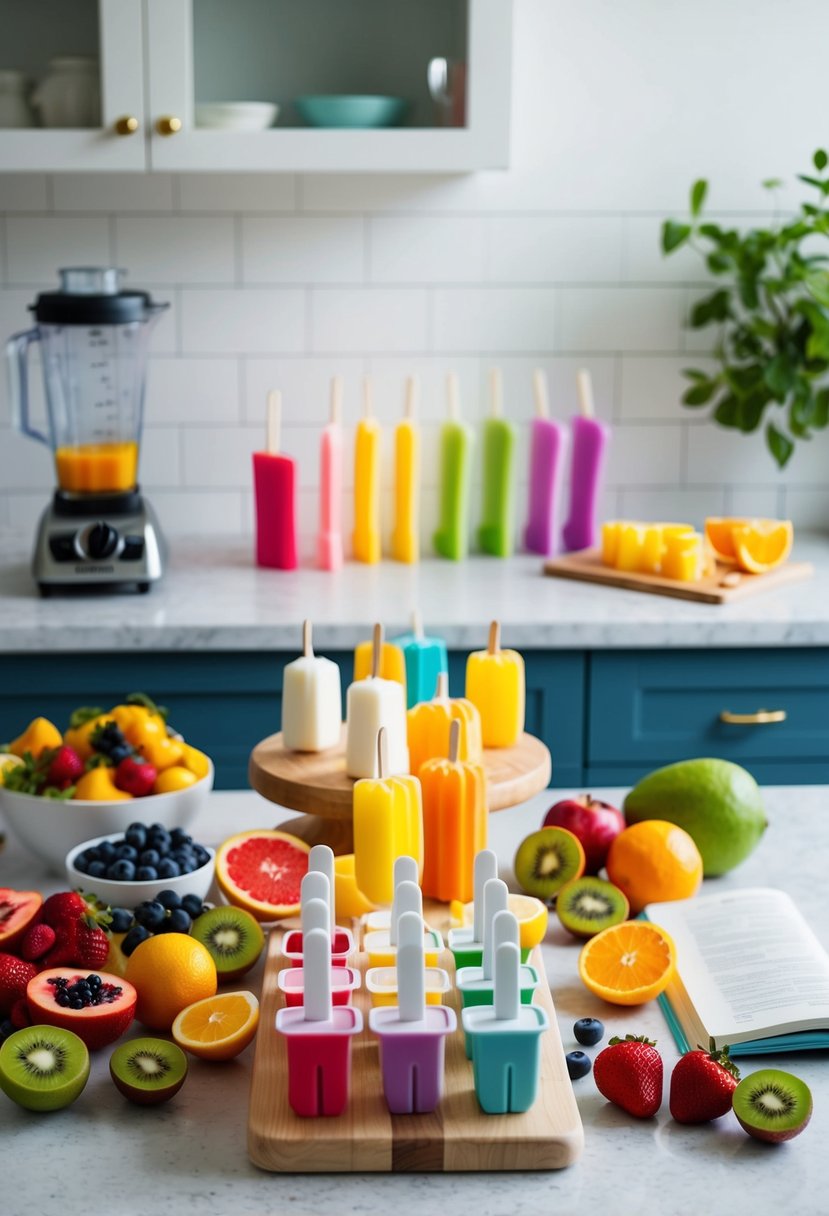 A colorful array of fresh fruits, yogurt, and popsicle molds arranged on a kitchen counter, with a blender and recipe book nearby