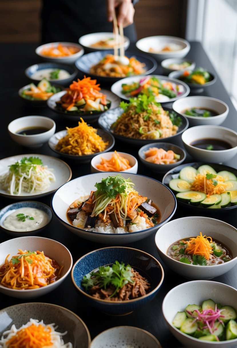 A table filled with various Korean dishes, including kimchi, bibimbap, bulgogi, and banchan, arranged in an artful and appetizing display