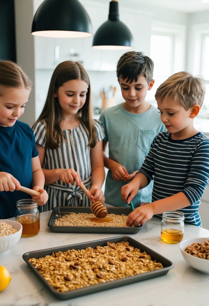 A group of kids in a kitchen, mixing oats, honey, and nuts. A tray of no-bake granola bars sits on the counter