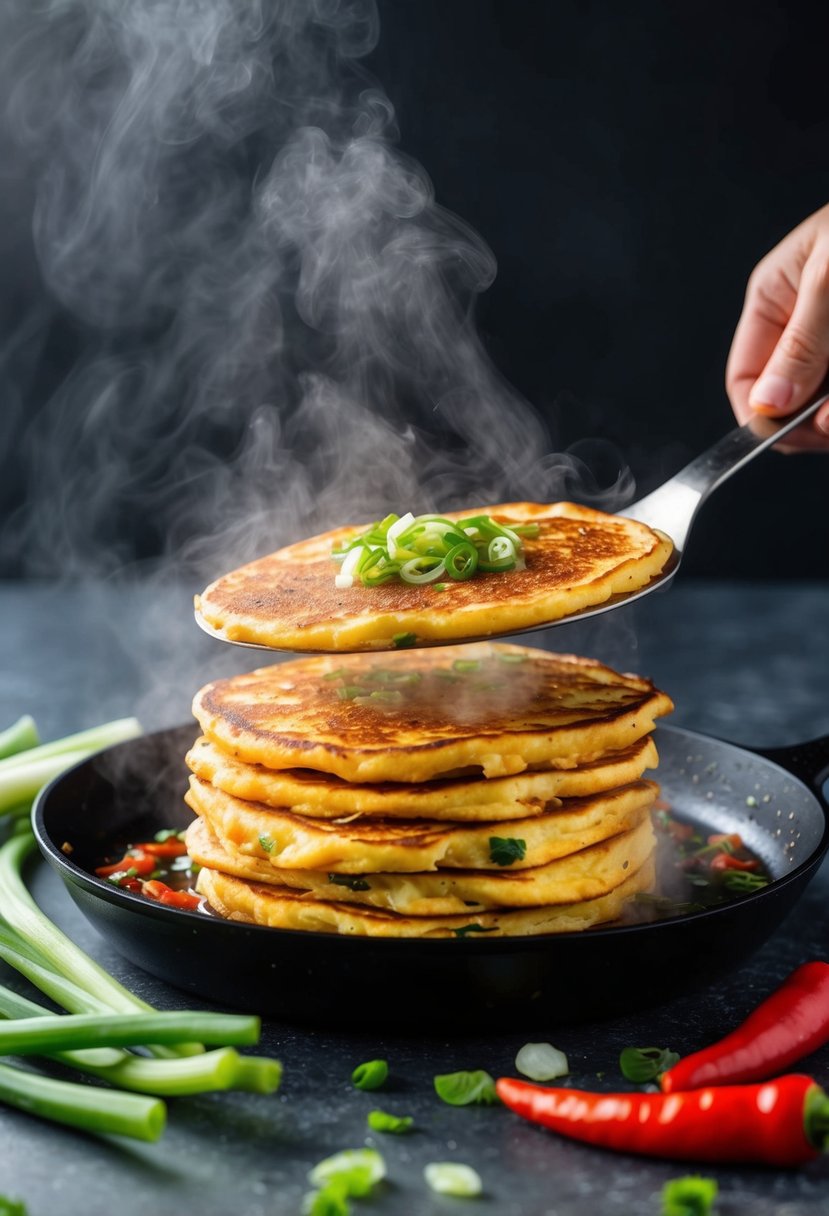 A sizzling skillet of kimchi pancakes being flipped in a cloud of steam. Green onions and red chili peppers scattered nearby