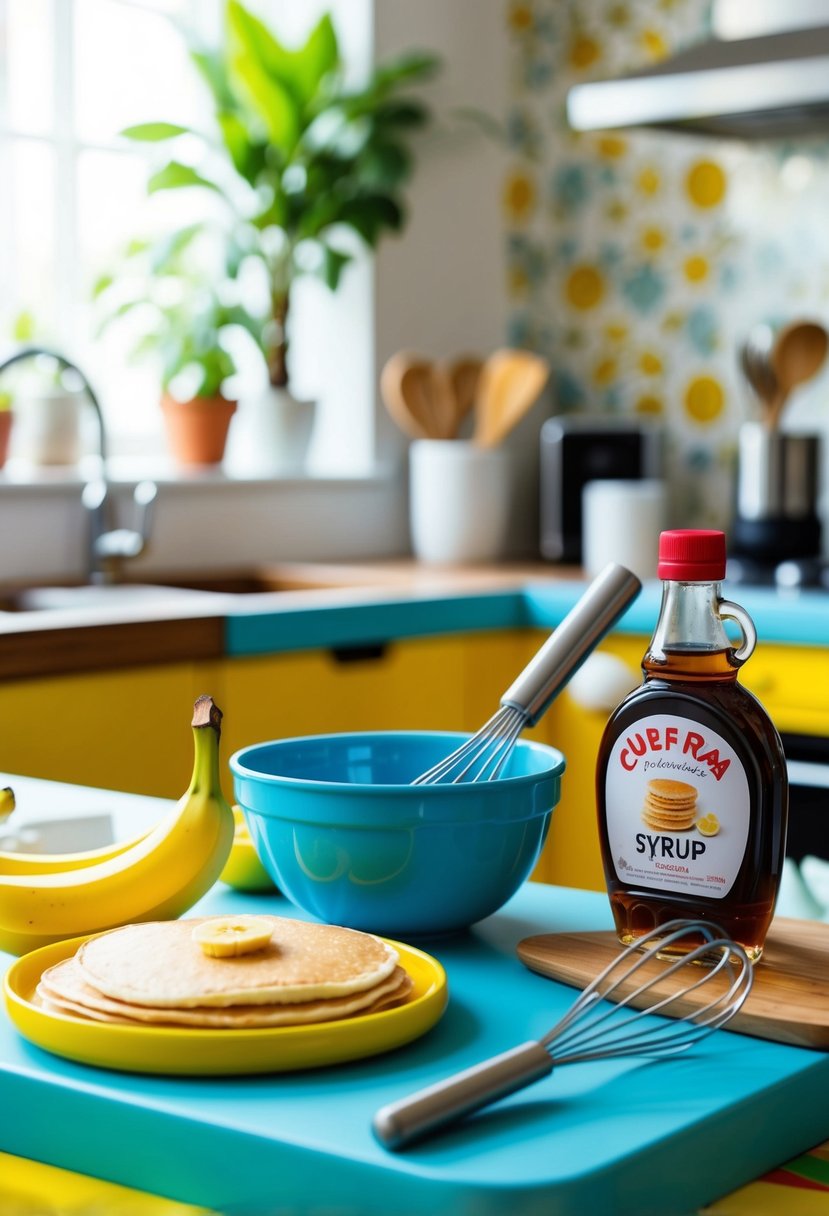 A colorful kitchen counter with ingredients and utensils for making banana pancakes, including a ripe banana, a mixing bowl, a whisk, a spatula, and a bottle of syrup