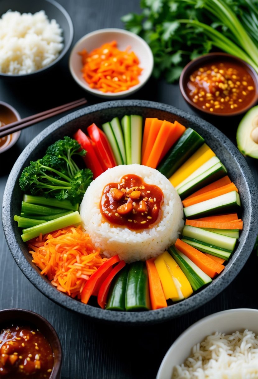 A colorful array of fresh vegetables, rice, and spicy gochujang sauce arranged in a traditional stone bowl, ready to be mixed into a delicious bibimbap dish