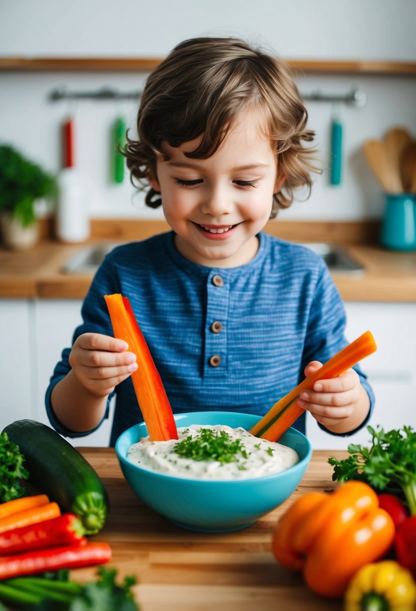 A child surrounded by colorful vegetables and a bowl of dip, happily preparing veggie sticks