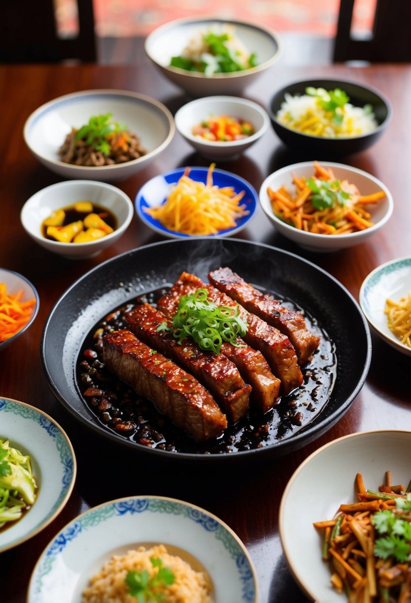 A sizzling hot plate of bulgogi surrounded by colorful banchan dishes on a traditional Korean dining table