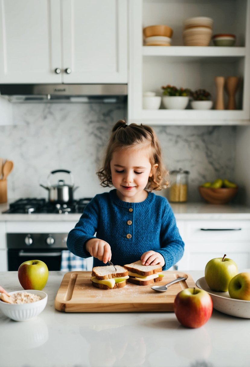 A child-friendly kitchen counter with ingredients and utensils for making apple sandwiches