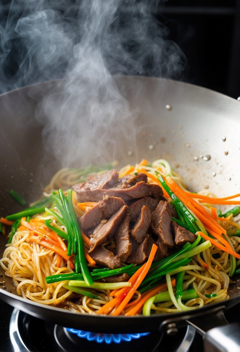 A steaming hot wok sizzles with colorful julienned vegetables, tender marinated beef, and glossy glass noodles, ready to be served as Japchae Korean dish