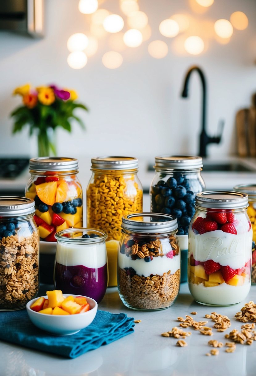 A colorful array of fruits, granola, and yogurt layers in clear glass jars, arranged on a kitchen counter