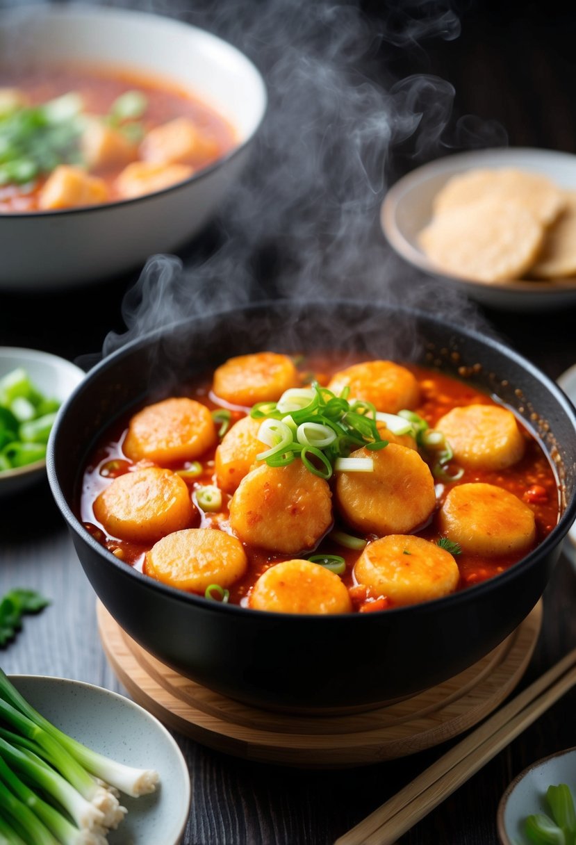 A steaming pot of tteokbokki simmering in a spicy red sauce, with chewy rice cakes and sliced scallions, served in a traditional Korean dish