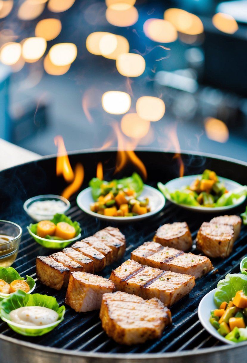 A sizzling grill with various cuts of pork, accompanied by side dishes and lettuce wraps