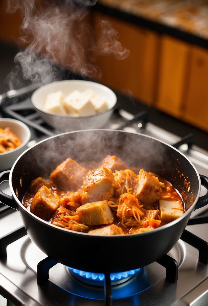 A steaming pot of Kimchi Jjigae simmers on a stovetop, filled with tender chunks of pork, spicy kimchi, and tofu, emitting a tantalizing aroma