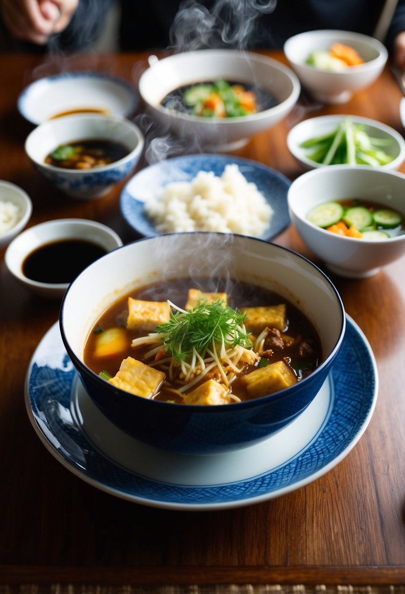 A steaming bowl of Sundubu Jjigae surrounded by banchan dishes on a traditional Korean dining table