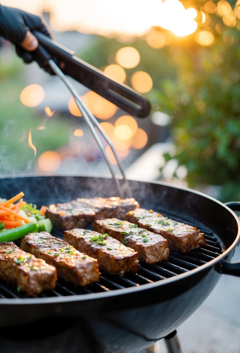 A sizzling grill cooks marinated Galbi beef with a side of vegetables