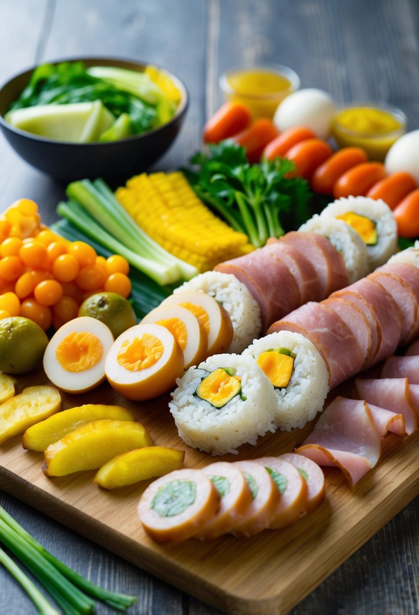 A colorful array of kimbap ingredients laid out on a wooden cutting board, including pickled vegetables, cooked rice, and strips of egg and ham