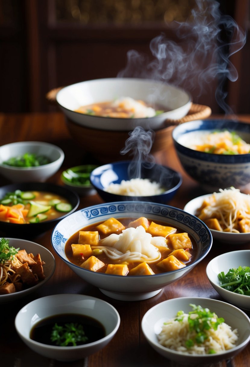 A steaming bowl of sundubu jjigae surrounded by banchan dishes on a traditional Korean dining table