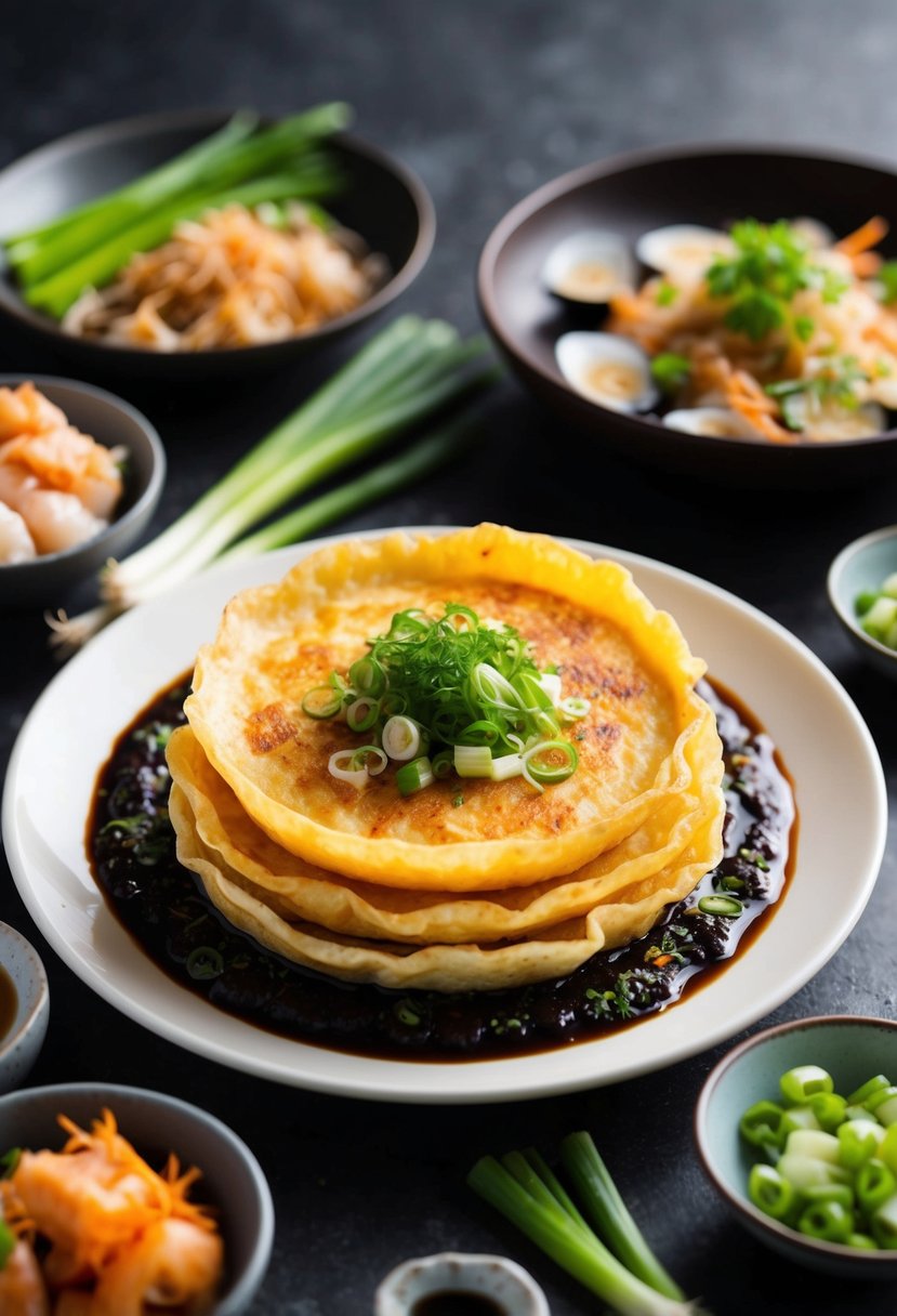 A sizzling hot plate of Pajeon, a traditional Korean pancake, surrounded by various ingredients like scallions, seafood, and vegetables