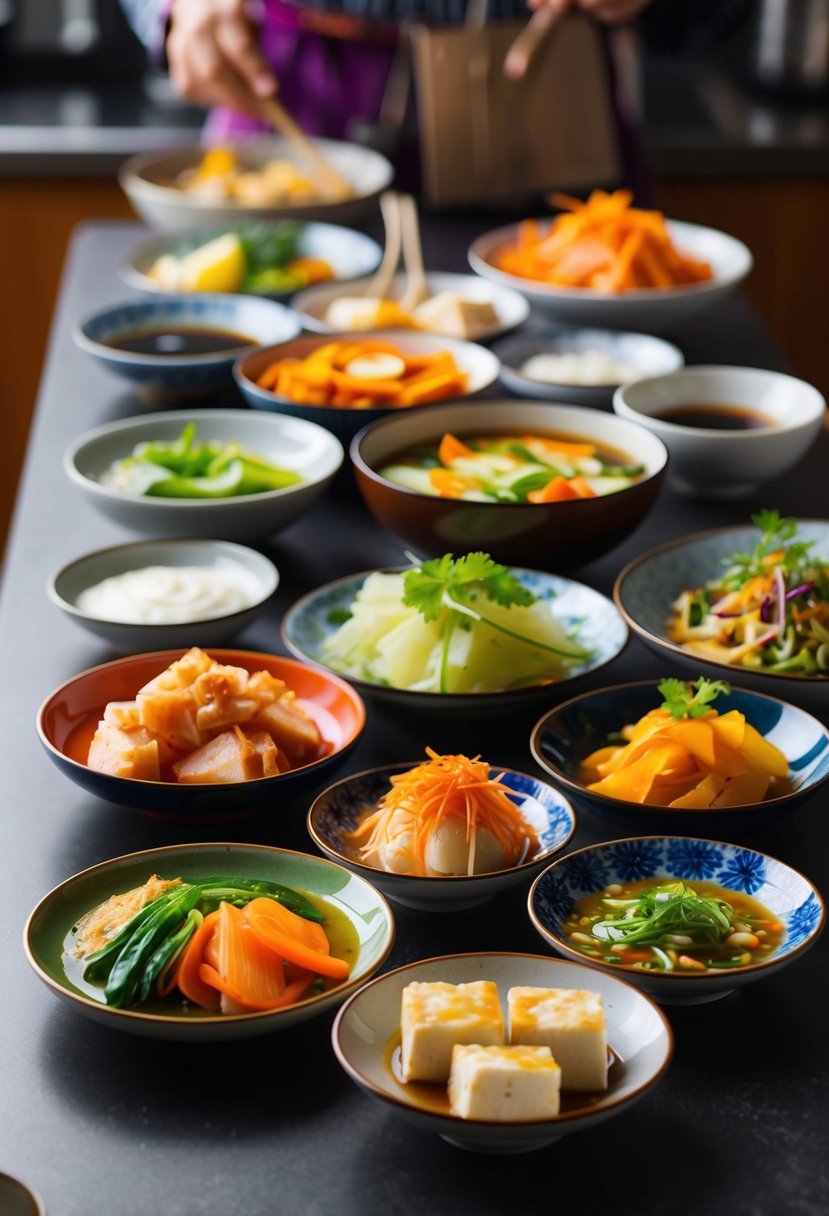 A table set with various small dishes of colorful and flavorful Korean banchan, including kimchi, pickled vegetables, and marinated tofu