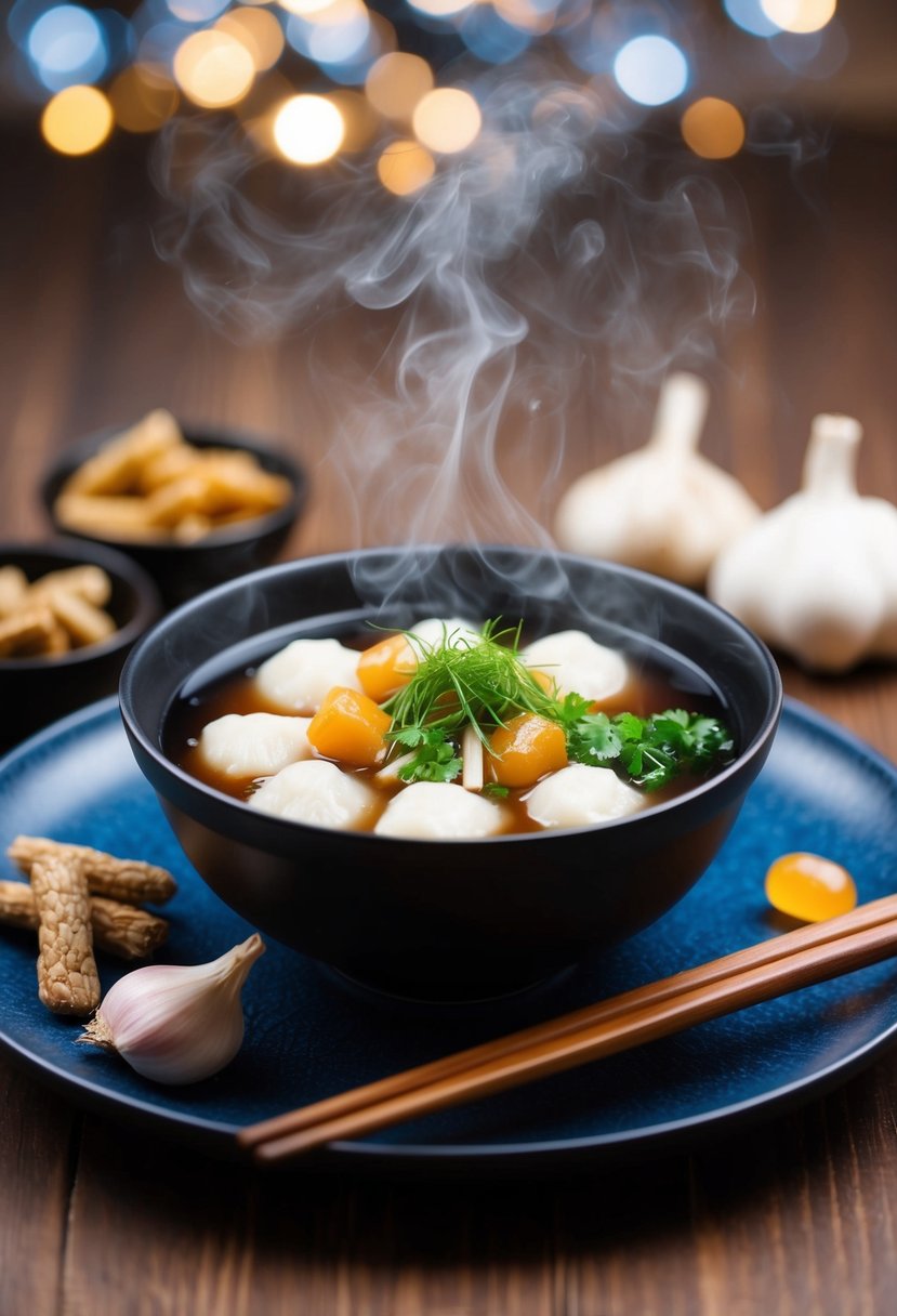 A steaming bowl of samgyetang surrounded by ginseng, jujube, and garlic, with a pair of chopsticks resting on the side