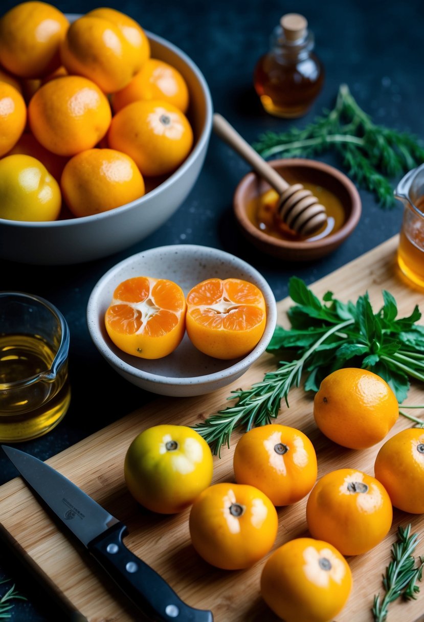 A bowl of fresh kumquats, a cutting board, knife, and various ingredients like honey and herbs scattered around