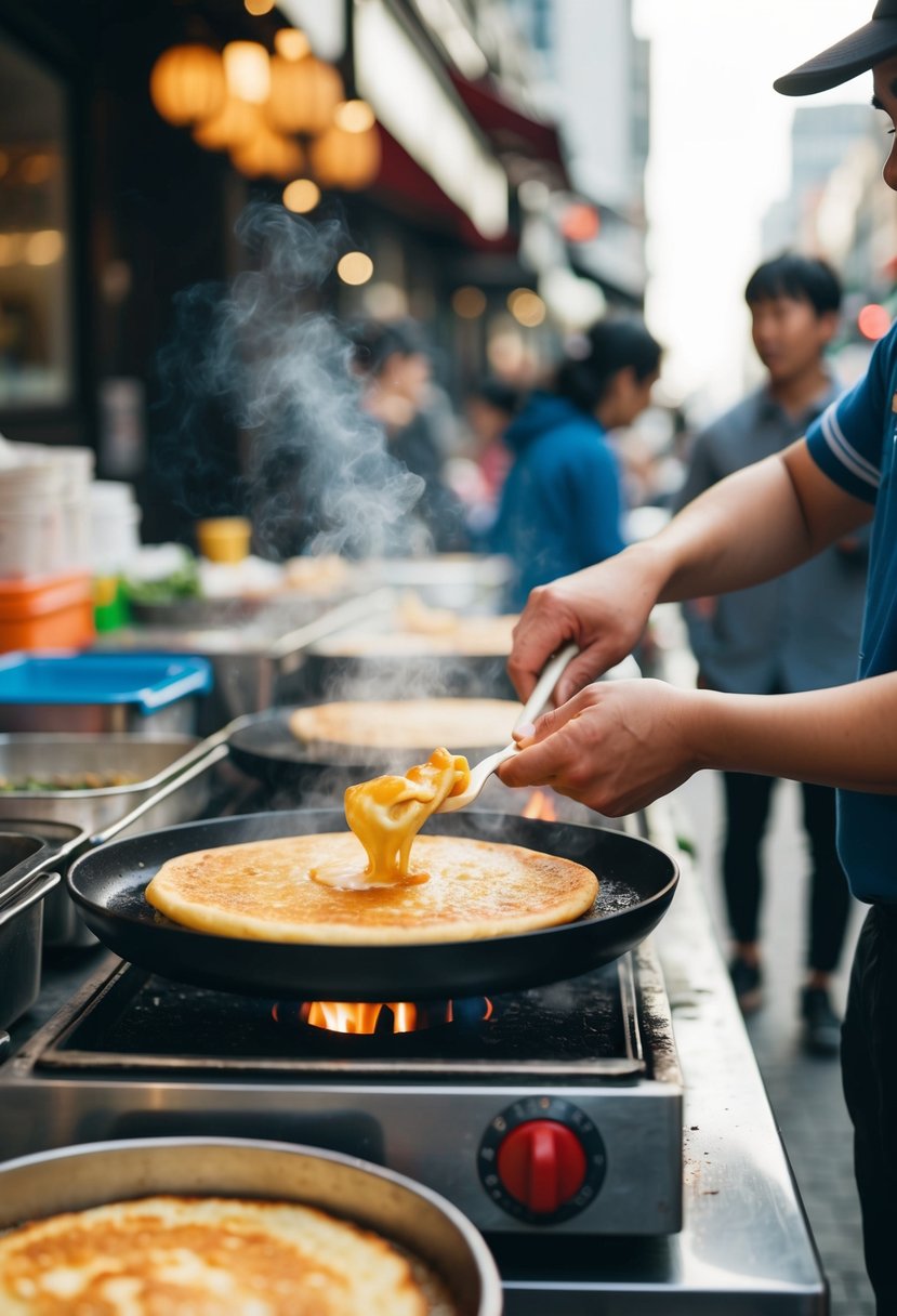 A street vendor cooks hotteok on a sizzling griddle, filling the air with the sweet aroma of the Korean pancake