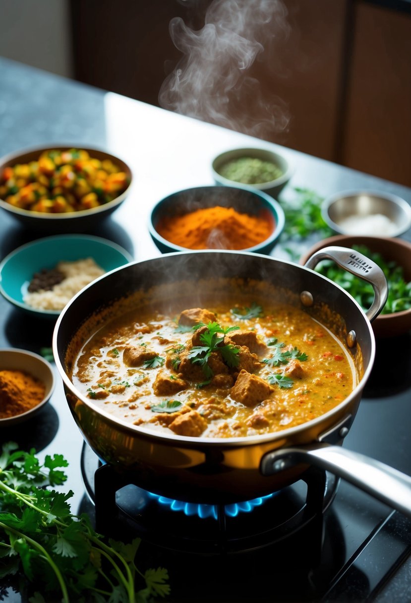 A bubbling pot of aromatic Indian curry simmering on a stove, surrounded by vibrant spices and fresh herbs