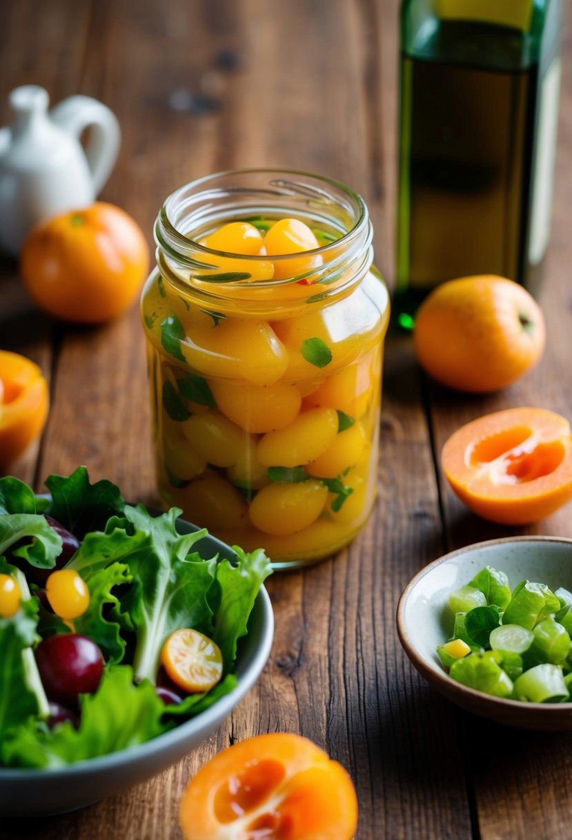 A glass jar of kumquat vinaigrette sits on a wooden table, surrounded by fresh kumquats, salad greens, and a bottle of olive oil