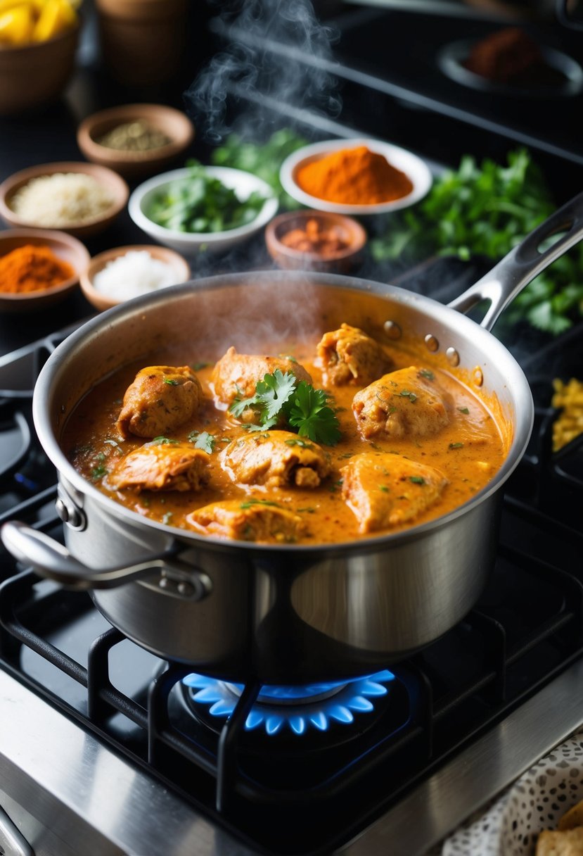 A steaming pot of Chicken Tikka Masala simmers on a stovetop, surrounded by vibrant spices and herbs