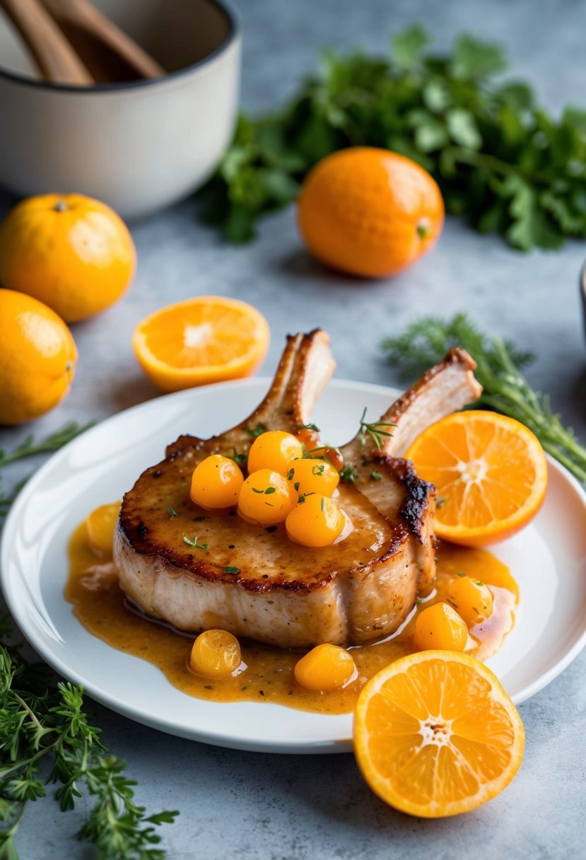 A sizzling pork chop glazed with kumquat sauce on a white plate, surrounded by fresh kumquats and herbs