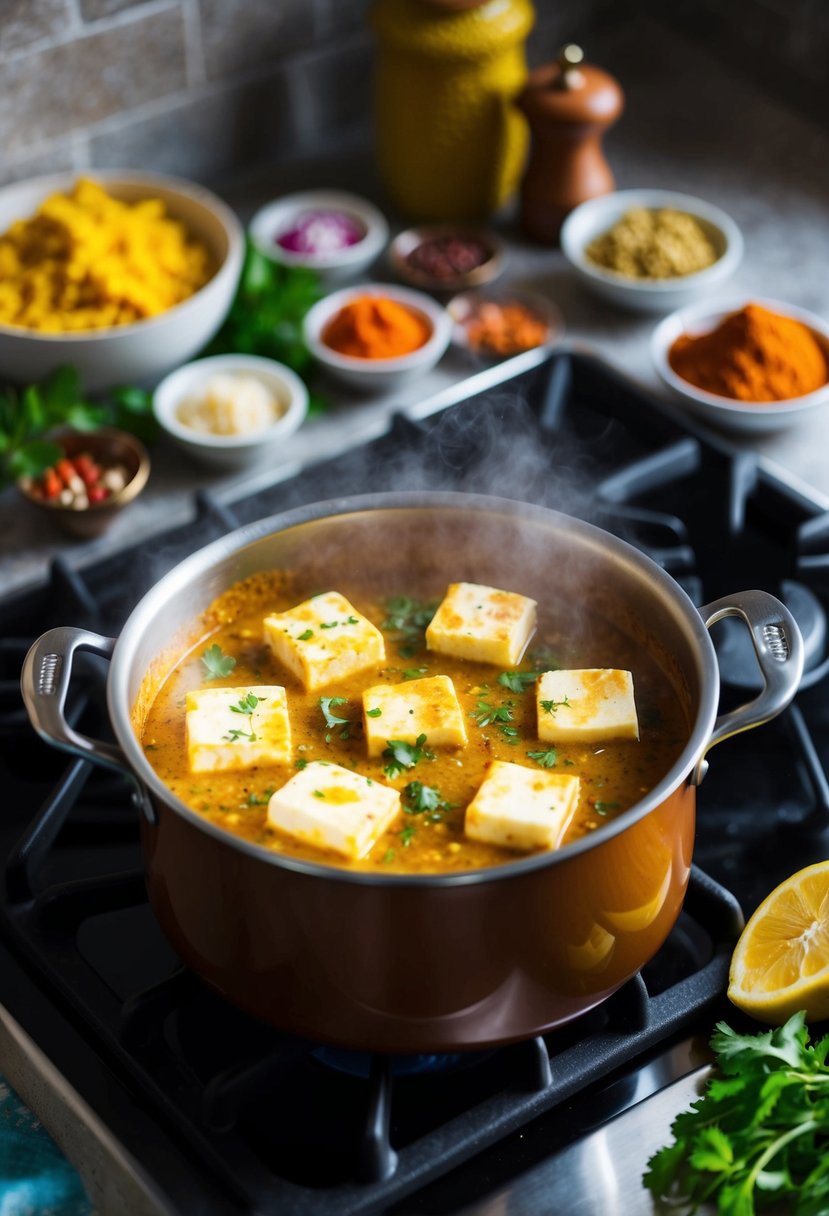 A steaming pot of Paneer Butter Masala simmers on a stovetop, surrounded by vibrant spices and fresh ingredients