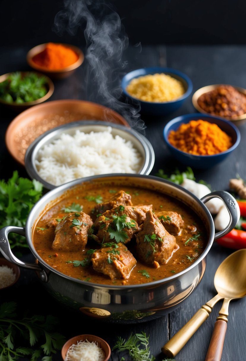 A steaming pot of Lamb Rogan Josh curry surrounded by vibrant Indian spices and herbs