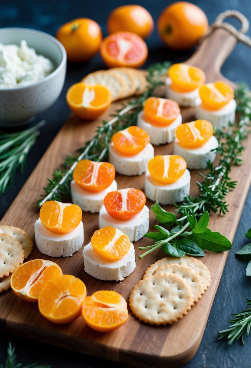 A platter of sliced kumquats and goat cheese arranged on a wooden board with fresh herbs and crackers