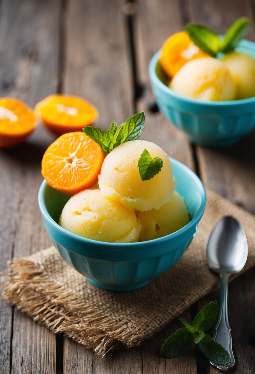 A bowl of vibrant kumquat sorbet, garnished with fresh kumquat slices and mint leaves, sits on a rustic wooden table