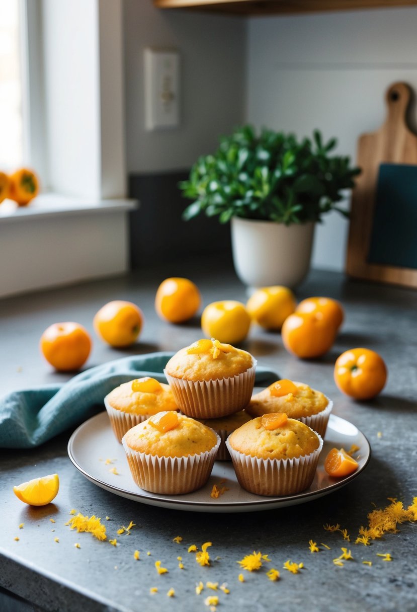 A rustic kitchen counter with a plate of kumquat muffins, scattered citrus zest, and fresh kumquats