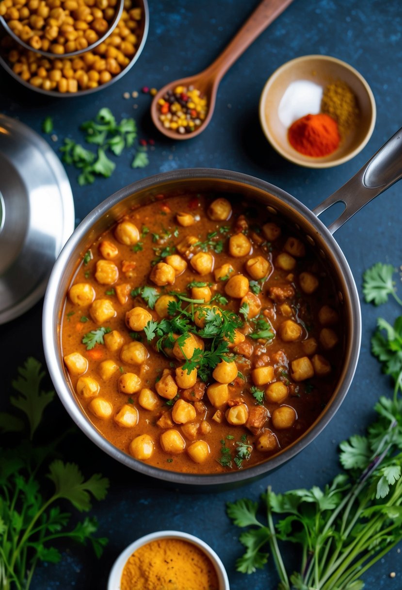 A steaming pot of Chana Masala surrounded by vibrant spices and fresh herbs