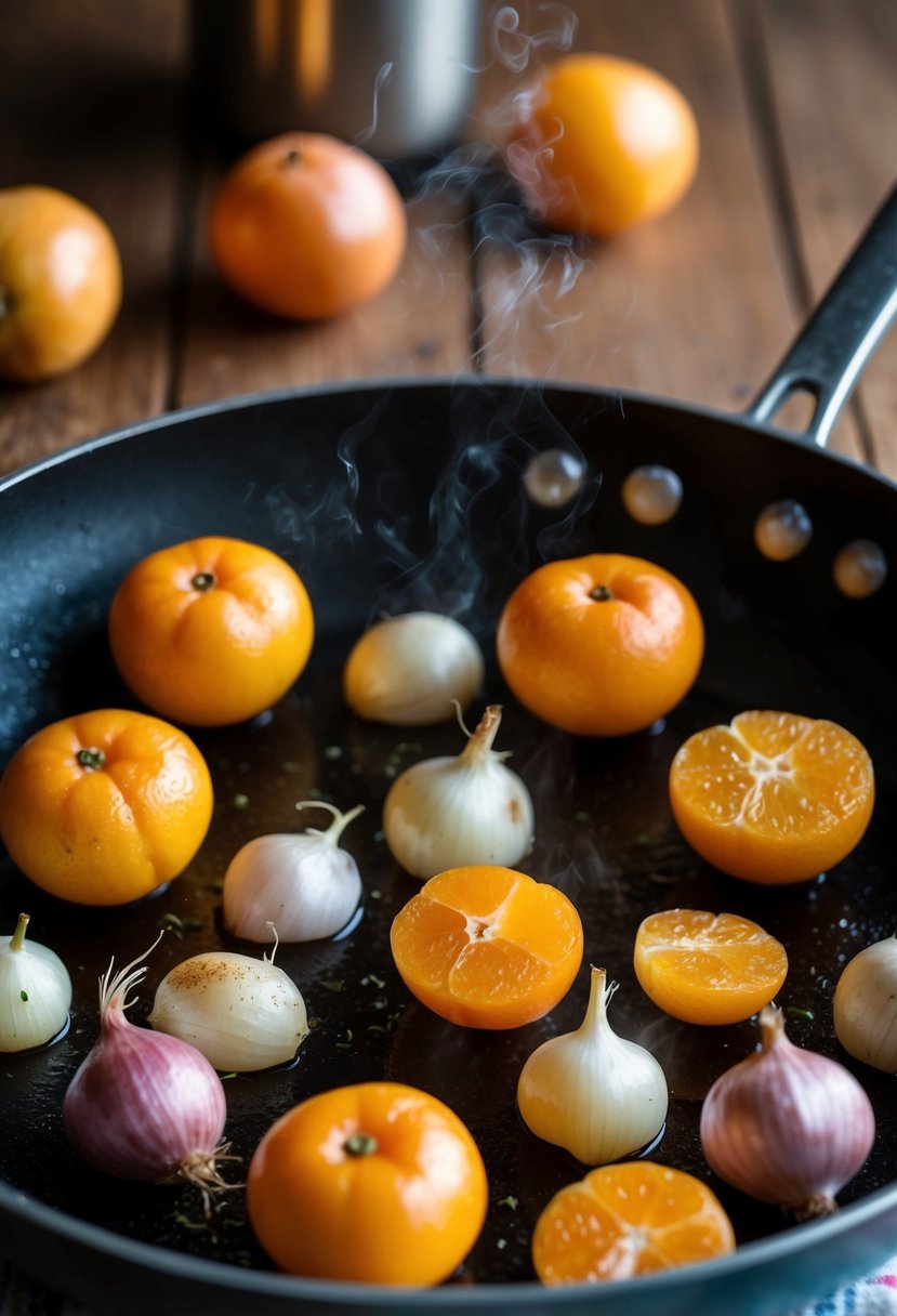 Kumquats and shallots sizzling in a pan, emitting a fragrant aroma as they cook