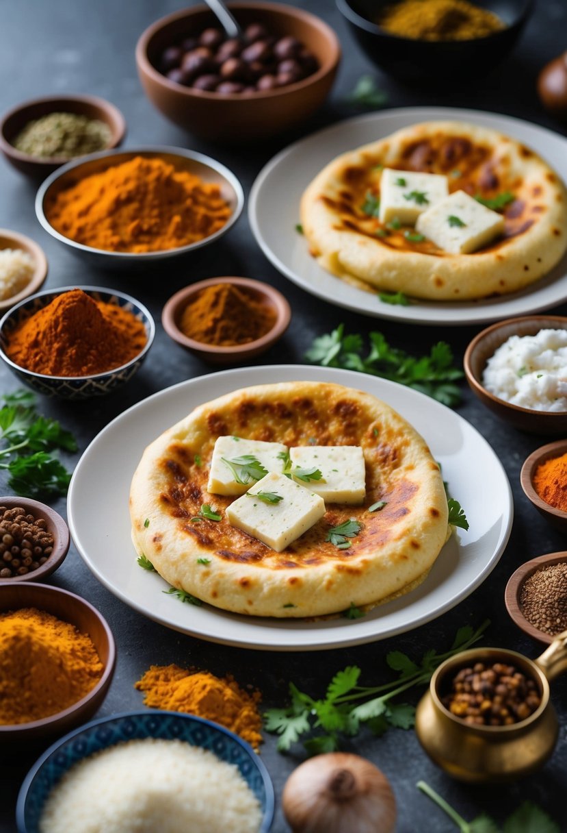 A table set with classic paneer kulcha, surrounded by traditional Indian spices and ingredients