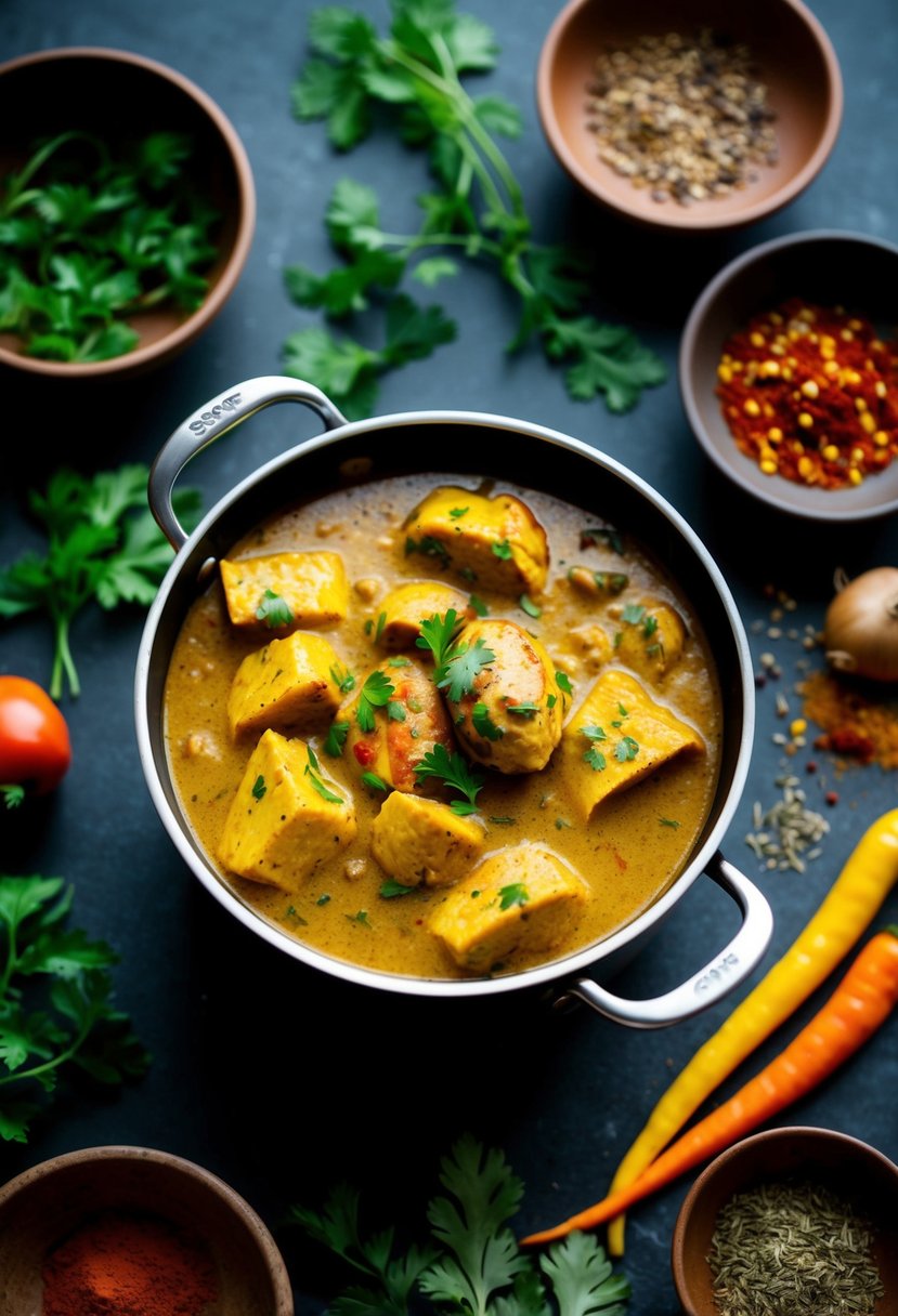 A simmering pot of butter chicken curry surrounded by vibrant spices and herbs