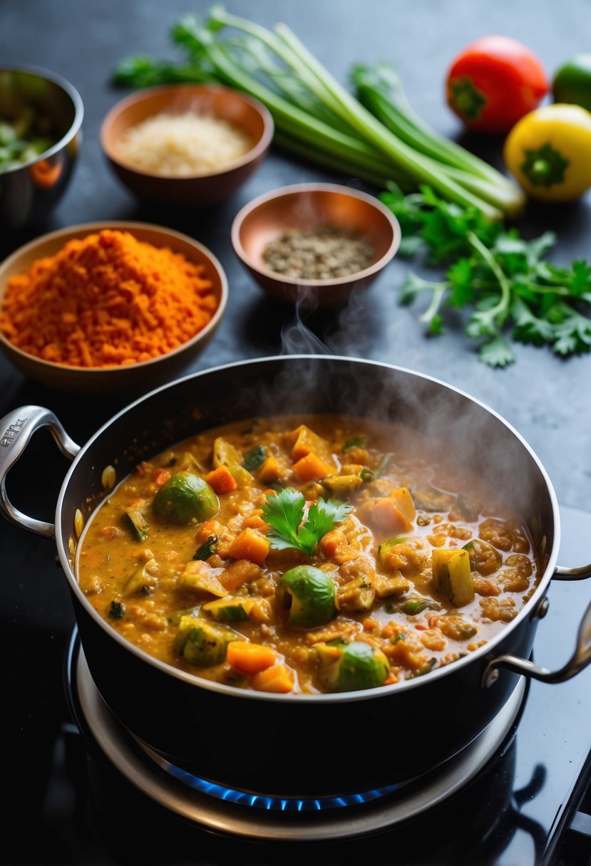 A steaming pot of Baingan Bharta simmers on a stove, surrounded by vibrant spices and fresh vegetables